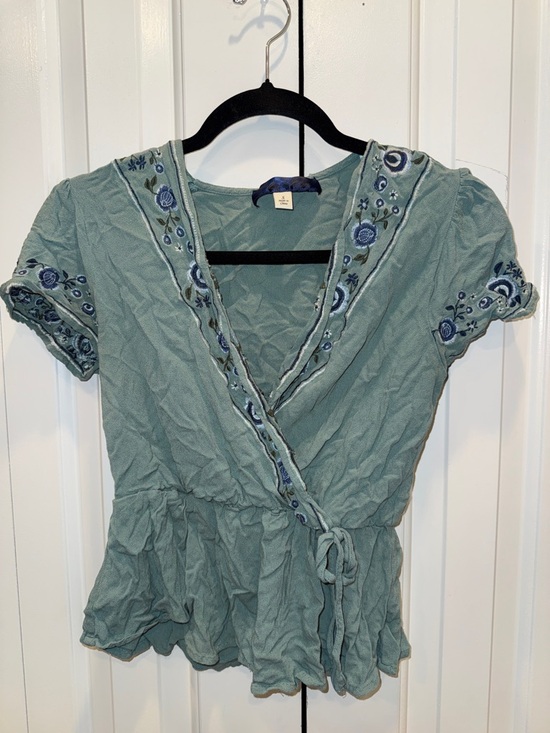 Blue Rain Tops - Blue Rain Sage Green Embroidered‎ Wrap Blouse